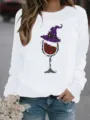 Womens Halloween Witch Hat Red Wine Glass Graphic Print Long Sleeve Crewneck Casual Sweatshirt - S / Tops / White