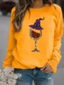 Women Halloween Wine Glass Witch Hat Print Sweatshirt Casual Long Sleeve Fleece Pullover Top - S / Tops / Yellow