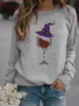 Casual crewneck long sleeve graphic sweatshirt featuring wine glass witch hat print for women. - S / Tops / Gray