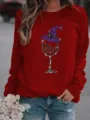 Sweat-shirt polaire rouge à col rond avec imprimé de verre de vin et chapeau de sorcière. - Bordeaux