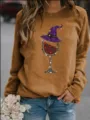 Sweat-shirt décontracté à manches longues et col rond avec imprimé Halloween chapeau sorcière. - Kaki