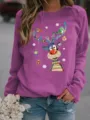 Felpa in pile con stampa renna di Natale donna casual manica lunga girocollo pullover - Viola chiaro