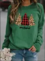 Felpa Pullover Natalizia Verde con Alberi a Quadri Leopardati e Stampa Festiva - Verde