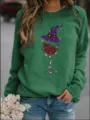 Sweat-shirt vert doublé de polaire avec imprimé chapeau de sorcière et verre, haut casual. - Vert