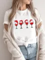 Christmas wine glass graphic short sleeve white t-shirt for women holiday casual daily wear. - S / Tops / White (FYA31107)