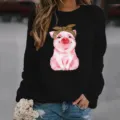 Μαύρο casual γυναικείο φούτερ μακρυμάνικο με χαριτωμένη ακουαρέλα στάμπα γουρουνιού. - S / Tops / Μαύρο