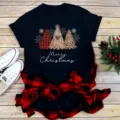 Weihnachts Grafik Kurzarm T-Shirt mit Baumdruck für festliche Freizeitkleidung. - S / Oberteile / Schwarz