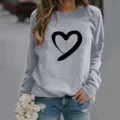 Sweatshirt Femme Casual Manches Longues Gris Avec Imprimé Cœur Noir Haut Automne - Gris