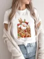 Cute Christmas Santa graphic print short sleeve white cotton t-shirt for women casual wear. - S / Top (FYA31098)