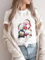 White short sleeve Christmas cartoon graphic t-shirt for women casual holiday outfit. - S / Top (FYA31097)