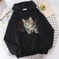 Casual black long sleeve hooded sweatshirt with cute 3D cat print for women autumn. - Black
