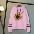 Women's pink long sleeve hooded sweatshirt featuring a vibrant sunflower and butterfly print. - 3XL / Tops / Pink