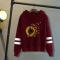 Casual loose pullover long sleeve women hoodie featuring sunflower butterfly print and stripes. - Burgundy