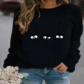 Damen lässiger, lockerer Pullover Langarm Sweatshirt mit süßem Katzenprint für Damen - 2XL / Oberteile / Schwarz