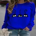 Damen lässiger langärmliger blauer Pullover mit niedlichem Katzenprint, lose Oversize Oberteile. - 2XL / Oberteile / Blau