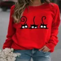Damen rotes langarm sweatshirt freizeit lose pullover süße schwarze katzen druck top neu - Rot