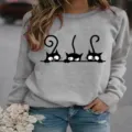 Grauer Damensweater mit langen Ärmeln und süßem schwarzen Katzen Print, lässiger Pullover. - Grau