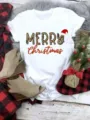 Christmas print detail view, festive graphic short sleeve top, cozy holiday flat lay design. - S / Merry Christmas Text Top (QLO31131) / White