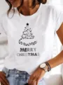 Κοντινό πλάνο λευκού t-shirt με κοντά μανίκια, χριστουγεννιάτικο δέντρο και κείμενο. - S / Μπλούζα-Εκτύπωση Χριστουγεννιάτικο Δέντρο με Αστέρι Merry Christmas (LAQA31227) / Λευκό