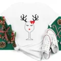 Christmas wine glass reindeer graphic white T-shirt, festive casual short sleeve top detail. - S / Tops / White Reindeer Wine Glass (BT8371)