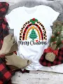 Christmas tree graphic short sleeve white t-shirt detail showing holiday print and fabric. - S / Top - Rainbow Christmas Tree (QLO31125) / White