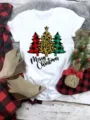 Women Christmas Tree Leopard Print Short Sleeve White T-Shirt Festive Holiday Tee Top - S / Top - Three Christmas Trees (QLO31124) / White