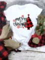 Detailed view of white Christmas t-shirt featuring buffalo plaid tree graphic and merry text. - S / Top - Merry & Bright Christmas Tree (QLO31123) / White