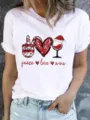 Christmas short sleeve T-shirt for women, casual white graphic tee with peace love wine print. - S / Christmas Wine Glass Print Style (ESL31155) / White