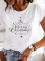 Λεπτομερης οψη λευκου t-shirt κοντομανικου με χριστουγεννιατικο δεντρο για γιορτη. - S / Καλλιτεχνική Γραμματοσειρά Merry Christmas (LAQA31216) / Λευκό / Tops