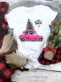 Christmas pink car print short sleeve t-shirt, cute holiday graphic women casual white top tee - S / Pink Vintage Car (QLO31118) / White