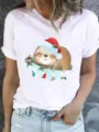 Cute Christmas sloth print short sleeve women white t-shirt, comfortable holiday top. - S / Christmas Sloth Print Style (ESL31153) / White