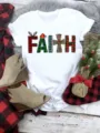 Christmas faith graphic white short sleeve t-shirt, casual holiday apparel for women. - S / Artistic FAITH Lettering (QLO31117) / White