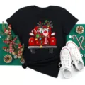Christmas short sleeve black t-shirt with cute reindeer truck graphic print main top. - S / Christmas Truck and Reindeer (BT8519) / Black