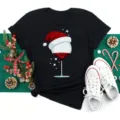Christmas wine glass graphic short sleeve black t-shirt for women holiday casual cotton tee tops - S / Tops / Christmas Wine Glass and Hat Style (Bt9857-hs)