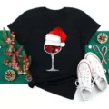 Christmas wine glass print short sleeve black T-shirt casual holiday top for women - S / Tops / Christmas Wine Glass Style (BT8591-HS)
