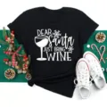 Christmas graphic tee shirt for women short sleeve casual black top with funny wine print. - S / Tops / Christmas Text and Wine Glass Style (BT8898-HS)