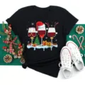 Christmas wine glasses graphic short sleeve black t-shirt for women and men holiday party. - S / Tops / Colorful Wine Glass Christmas Tree Style (Bt9856-hs)