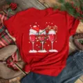 Close-up details of festive Christmas wine glasses graphic printed on a red cotton t-shirt. - S / Tops / Wine Glass Christmas Tree Style (Bt9851-)