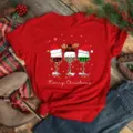 Detailed shot of a festive red Christmas short sleeve T-shirt styled with seasonal props. - S / Tops / Christmas Wine Glass Blessing Style (Bt9852-)