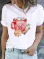 Close-up view of the watercolor Christmas mug graphic detail on the casual white t-shirt. - S / Top - Christmas Watercolor Mug Style (ESL31151) / White
