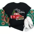 Black short sleeve Christmas t-shirt with red truck and tree graphic for holiday wear. - S / Vintage Red Truck (BT8521) / Black