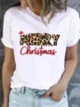 White short sleeve t-shirt with leopard print christmas letter graphic for women casual. - S / Top - Leopard Christmas Letter Style (ESL31149) / White