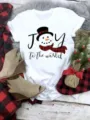 Christmas snowman graphic short sleeve T-shirt, casual white holiday apparel for women. - S / Joy To The World Snowman (QLO31113) / White