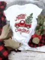 Christmas vintage truck graphic white short sleeve t-shirt casual holiday top for women. - S / Merry Christmas Red Vintage Truck (QLO31111) / White