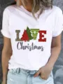 Close-up detail of women white Christmas graphic short sleeve t-shirt with festive print. - S / LOVE Christmas Tree Style (ESL31147) / White