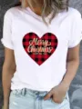 Christmas heart print short sleeve white t-shirt detail showing fabric and festive graphic. - S / Plaid Heart Christmas Style (ESL31146) / White