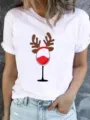 Christmas Wine Glass Reindeer Antlers Graphic Print Short Sleeve White T-Shirt Casual Tee - S / Wine Glass Antler Style (ESL31145) / White