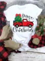 Christmas red truck graphic print short sleeve white t-shirt casual holiday top outfit - S / Merry Christmas Red Truck (QLO31109) / White