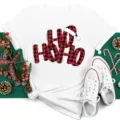 Christmas plaid HO HO HO graphic print white short sleeve t-shirt with holiday scene props. - S / Tops / White (bt9022)