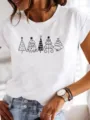 Λεπτομερής εικόνα λευκού κοντομάνικου t-shirt με σχέδιο μινιμαλιστικών χριστουγεννιάτικων δέντρων. - S / Γεωμετρικό Χριστουγεννιάτικο Δέντρο (LAQA31204) / Λευκό / Tops